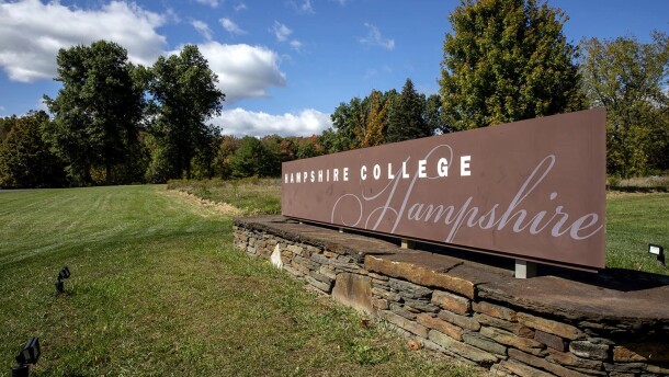 The Hampshire College sign at the entrance to the campus.