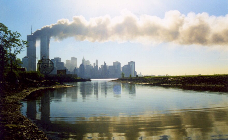 A reflection of the twin towers smoking against the surface of the pond.