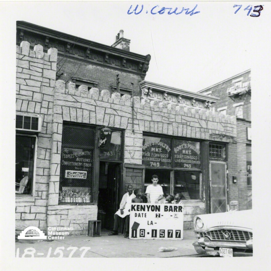 West Court St in Cincinnati's lower West End in 1959. The city purchased and razed more than 2,000 structures and resold the property to developers to create the neighborhood now known as Queensgate. It displaced more than 20,000, 97% of whom were black.
