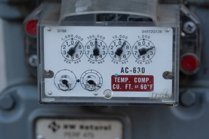 FILE - A natural gas meter operates Jan. 22, 2025, in Portland, Ore.