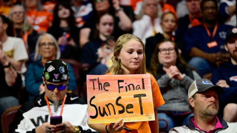 A fan holds a sign in the first half of the Connecticut Sun and Toronto Tempo game.