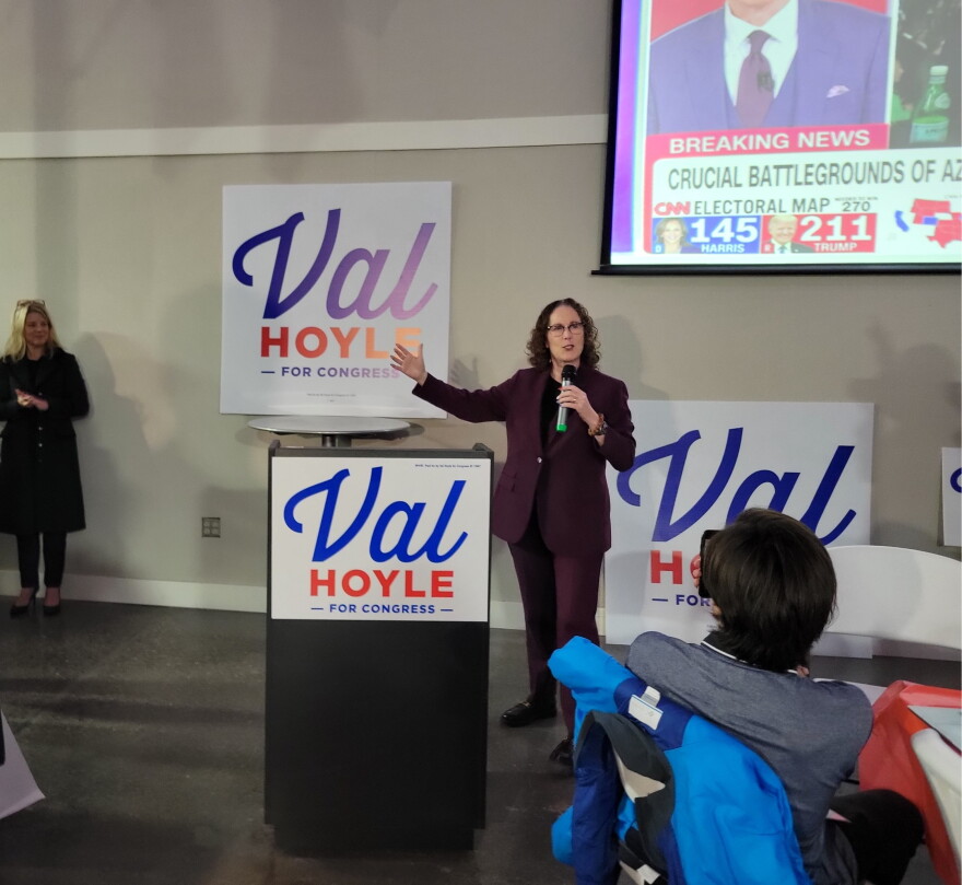 Val Hoyle, the Democrat incumbent for the 4th Congressional District, celebrates victory in front of a crowd of supporters on Nov. 5, 2024.