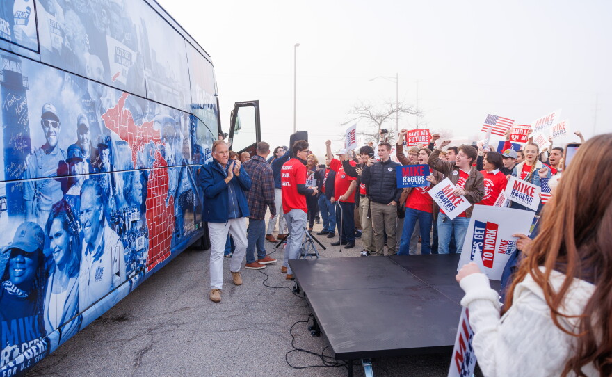 Republican U.S. Senate nominee Mike Rogers arrives in Lansing Township, Mich., for a stop on his "We Have a State to Save" bus tour on Oct. 24, 2026.