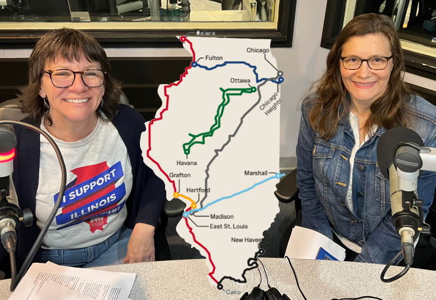 Jeanne Schultz Angel and Erika Holst in NPR Studio A with map of Illinois roads