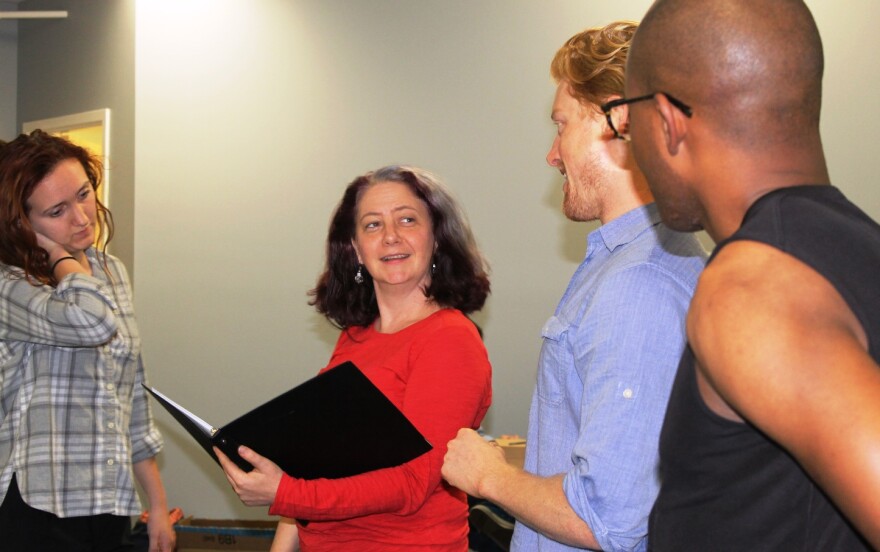 Director Melanie Armer talks with actors Francesca Ferrari, Leif Newberg and Tyler Cheatem is this photo taken November 3, 2016.