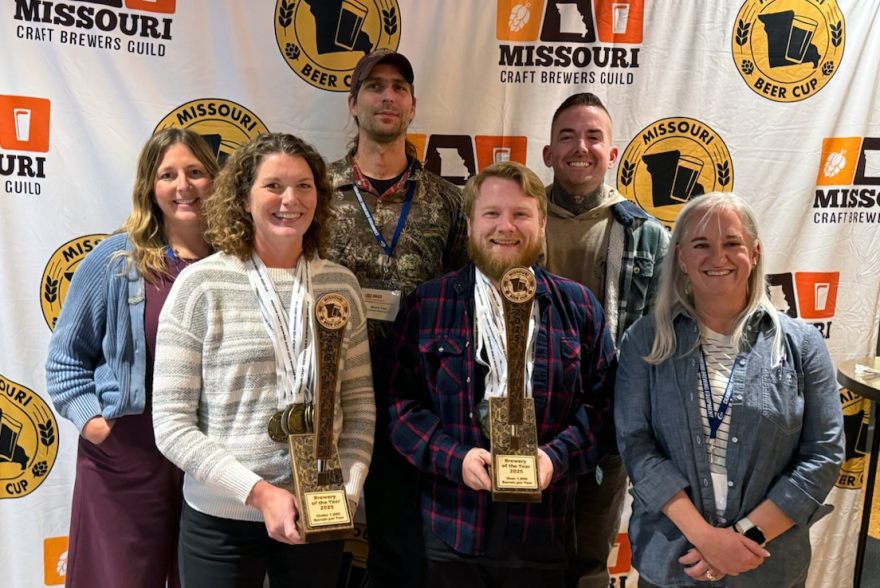 Missouri Beer Cup "Brewery of the Year" winners: Amber Ayers, director of experience at Boulevard Brewing Company; Mary Rooney, co-owner of BKS Artisan Ales; Brent Cox, Barrel Wrangler at Boulevard; Zach Winters, brewer at Boulevard; Greg Garrity, innovation brewer at Boulevard; and Sherry Wohlgemuth, executive director of Missouri Craft Brewers Guild.