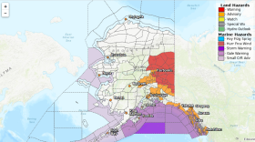 The National Weather Service has issued a winter storm warning for the area shaded in red and a winter storm advisory for the area shaded in orange, which includes Fairbanks.