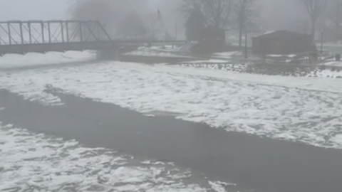 Ice accumulation on the Grand River between West Bridge Street and West Grand River Avenue in Portland, Michigan, on Jan. 7, 2026.