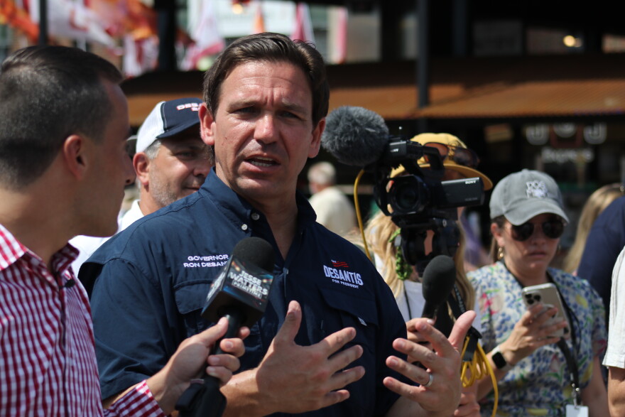 Florida Gov. Ron DeSantis, Republican presidential candidate, speaks to Fox News' Jesse Watters at the 2023 Iowa State Fair.