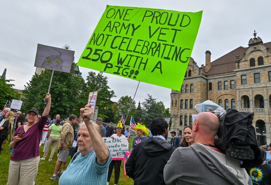 Army Veteran, Elizabeth Field, holds a sign at Scranton's 'No Kings Day' rally.