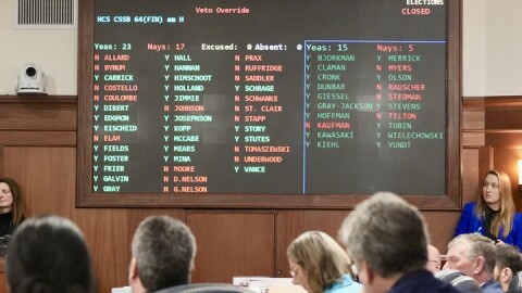 Lawmakers look on as a board shows their votes on overriding Gov. Mike Dunleavy's veto of Senate Bill 64.