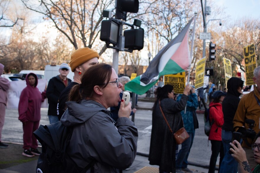 Tahnee Sweeney, an activist with the ANSWER Coalition, Saturday, Jan.3, 2026, in downtown Sacramento.