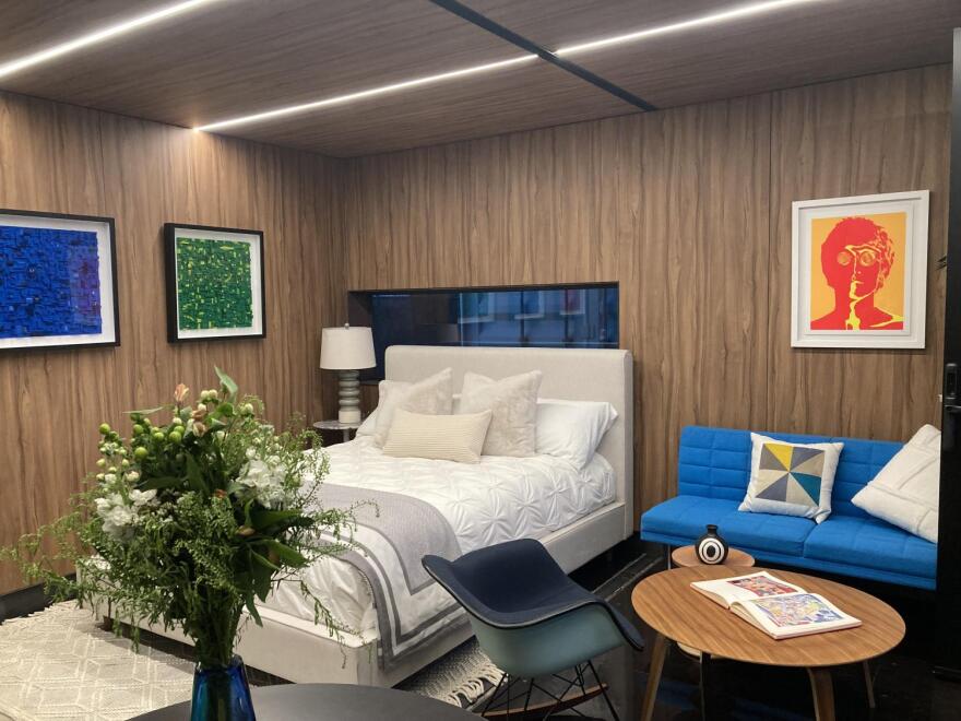 Bedroom of a repurposed shipping container 