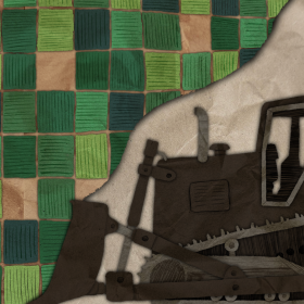 An illustration of a gray and black bulldozer. The equipment is coming into the frame from the right. The rest of the illustration is a drawn bird's eye field of farm fields. The bulldozer is pushing the quilt of farmland. 
