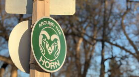 The CSU Rams logo on a street sign.