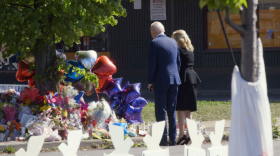 President Joe Biden and First Lady Jill Biden visit a memorial site near the Jefferson Avenue Tops Market May 17, 2022.