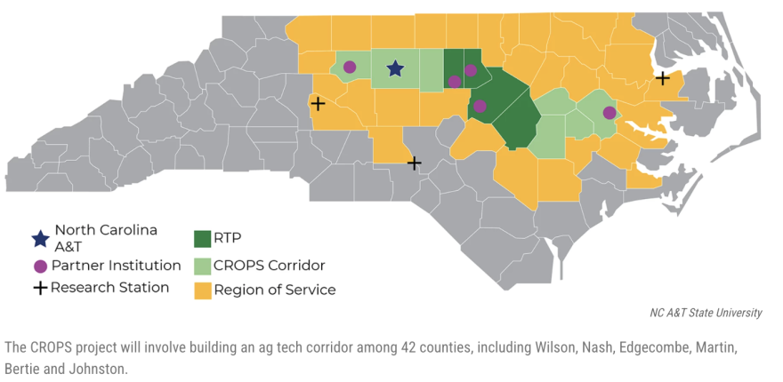 The CROPS project will involve building an ag tech corridor among 42 counties, including Wilson, Nash, Edgecombe, Martin, Bertie and Johnston.
