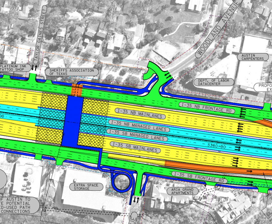 A schematic view of I-35 at Woodland Avenue. The car crossing over I-35 is gone and replaced with a pedestrian bridge, indicated in blue. This bridge is not aligned with Woodland Avenue; it's further north and includes a tunnel under the frontage road. 