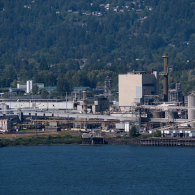 Nippon Dynawave Packaging Co. sits on the Columbia River, in Longview, Wash., on May 27, 2026. Contamination entered the river following the plant’s chemical disaster, but state officials quickly worked to control further contamination.