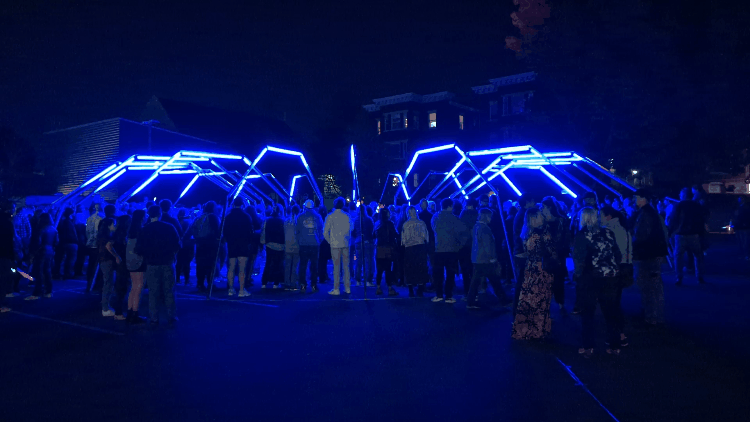 A kinetic light sculpture at night, surrounded by people.