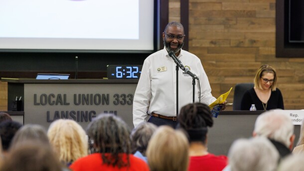 Lansing NAACP President Harold Pope speaks during a town hall hosted at UA Local 333 in Lansing, Mich., on April 22, 2025. 