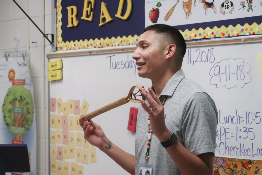 Jakeli Swimmer teaches a Cherokee language and culture class at Robbinsville Elementary School.