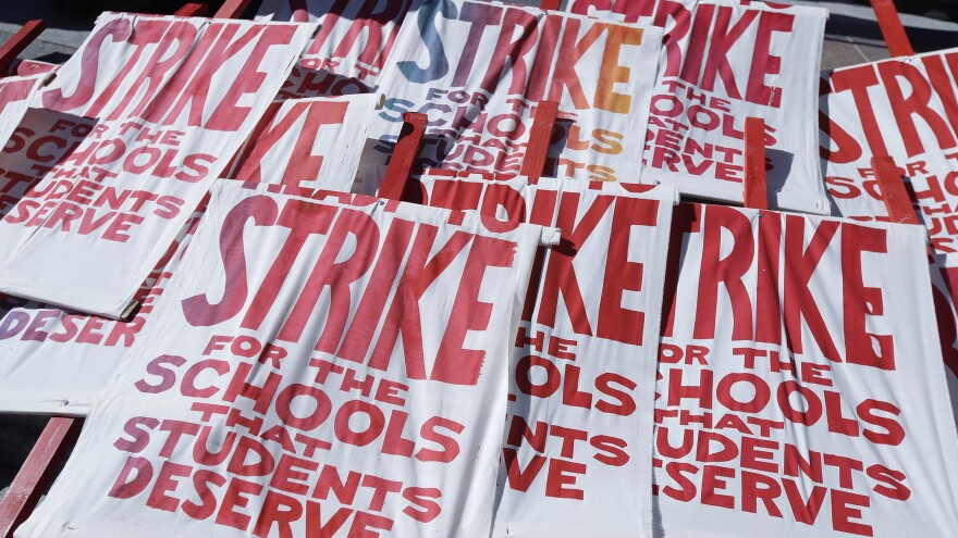 Piled up picket signs at Frank Ogawa Plaza in Oakland, Calif. Oakland teachers began a strike on Feb. 21.