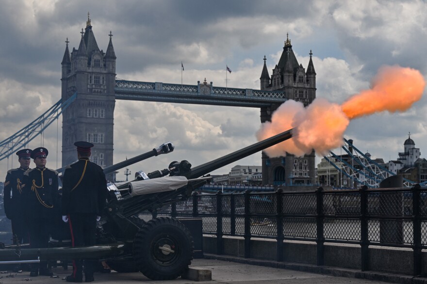 The 124 Gun Salute at Tower of London takes place as part of the Queen Elizabeth's Birthday Parade, the Trooping the Color.