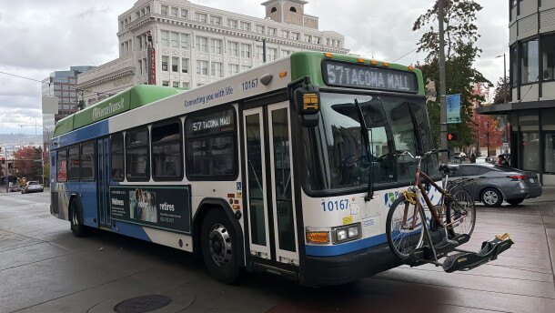 A Pierce Transit bus in downtown Tacoma. Oct. 28, 2026.