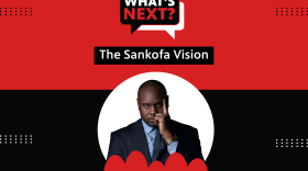 Red background with a thick black stripe in the middle. In the top corner is "EPISODE 327" in white text. then, centered from top to bottom, is: What's Next? logo, "The Sankofa Vision", then a photo of Emmanuel Kulu with his name underneath.