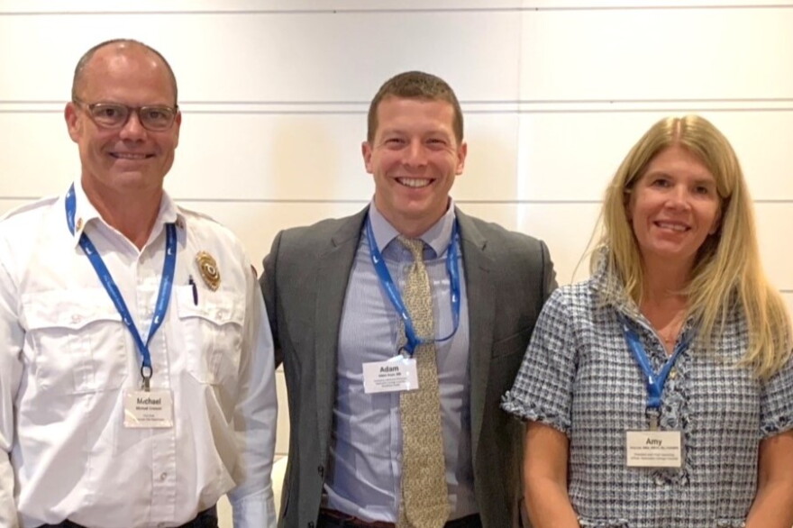 Gathered after a session at the Nantucket Summit were Nantucket Fire Chief Michael Cranson, Dr. Adam Kaye of Nantucket Cottage Hospital, and Amy Lee, president and COO of Nantucket Cottage Hospital.