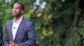 U.S. Rep. John James, the Republican nominee for Michigan governor, at a Charlie Kirk memorial press conference at Michigan State University in East Lansing, Mich., on Sept. 10, 2026.
