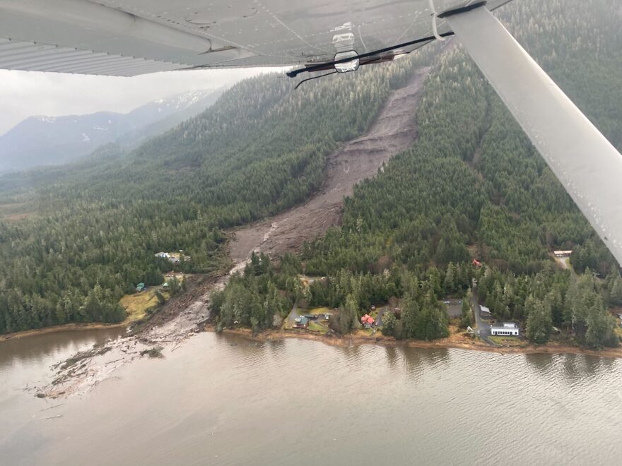 A fatal landslide at roughly Mile 11 of the Zimovia Highway near Wrangell, seen from the air on Tuesday, Nov. 21, 2023. (Courtesy Sunrise Aviation)