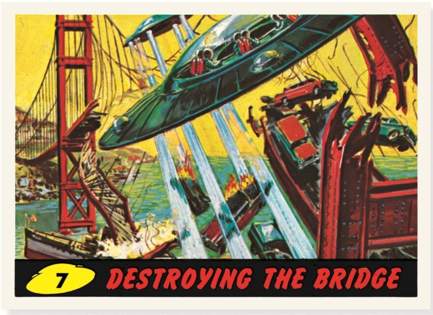 The card "Destroying The Bridge" shows the destruction of the Golden Gate Bridge.