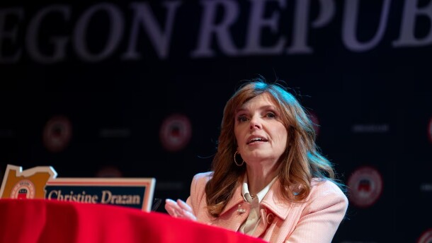 Oregon Republican Gubernatorial candidate Christine Drazan responds to a question during the 2026 Oregon Republican Gubernatorial Debate at NW Events in Hillsboro, Ore., on April 16, 2026.