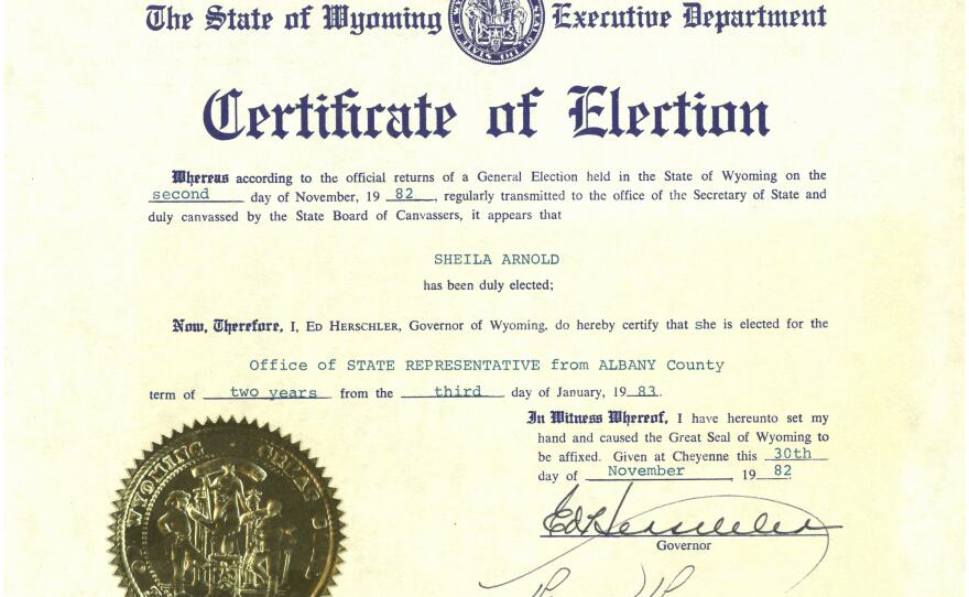 Certificate of Election to the Wyoming House of Representatives, November 30, 1982. Box 1, Sheila Arnold papers, American Heritage Center, University of Wyoming.