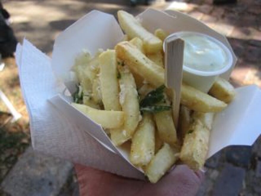 An order of gourmet fries from the roving food vendors known as the Fry Bar.