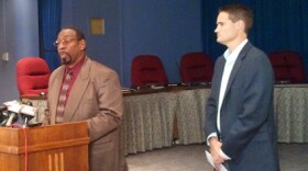 Interim Superintendent Stephen Green and Acting School Board President Derek Richey address the media after the accreditation vote. Photo by Sylvia Maria Gross/KCUR.