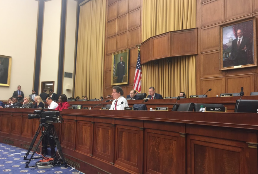 Rep. Jamie Raskin, D-Md., asks a witness a question as Democratic members of the House Judiciary Committee look on. Most Republican members left the hearing after the lunch recess.