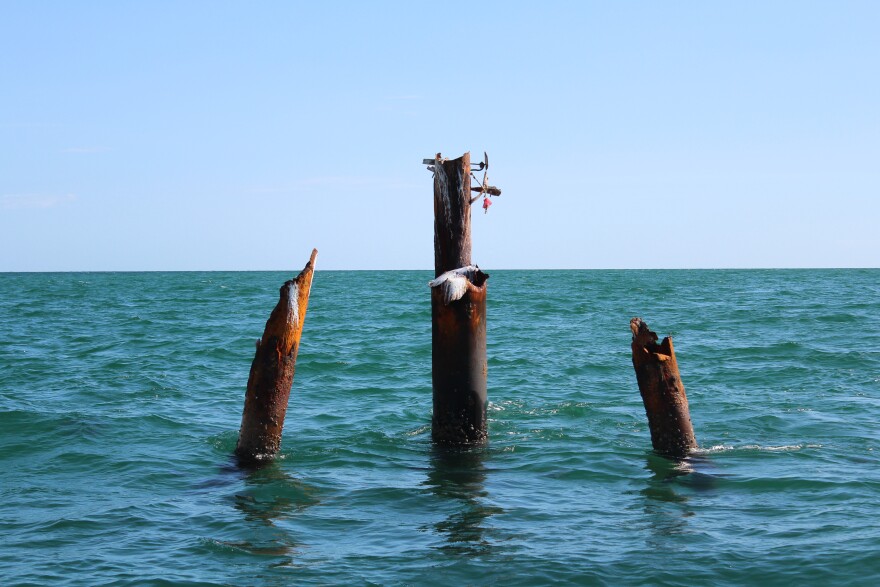 The old Seahorse Reef light marker tower, destroyed by a recent hurricane. (Rylan DiGiacomo-Rapp/WUFT News)