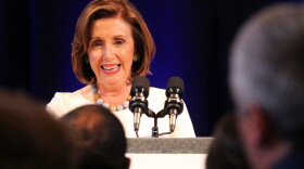 House Speaker Nancy Pelosi (D-Calif.) speaks at the Young Democrats National Convention in Indianapolis on Friday July 19. Pelosi smiles as the crowd begins chanting "Nancy."