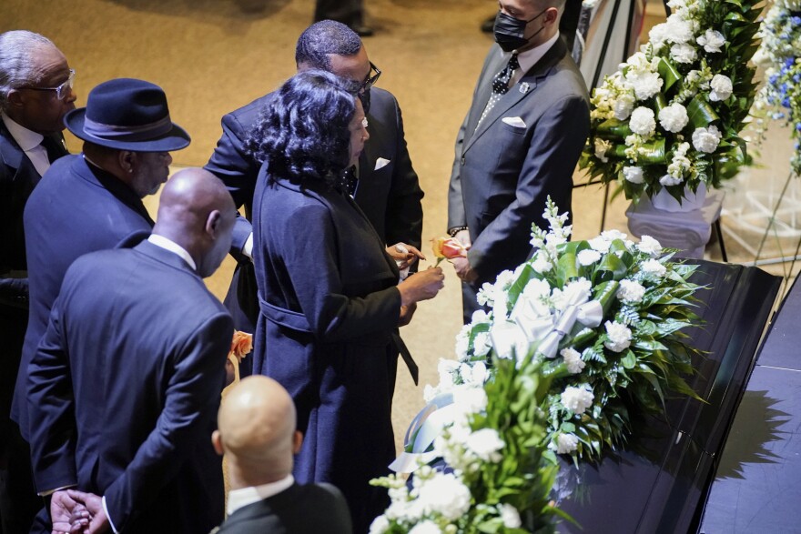 RowVaughn Wells stops in front of the casket of her son Tyre Nichols at the start of his funeral service at Mississippi Boulevard Christian Church in Memphis, Tenn., on Wednesday.