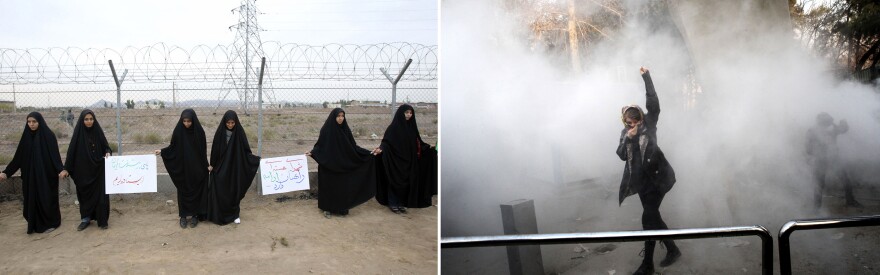 Left: Iranian students form a human chain during a protest to defend their country's nuclear program outside the Fordo nuclear facility in Qom, November 2013. Right: An Iranian woman raises her fist amid teargas at the University of Tehran during a protest driven by anger over economic problems in December 2017.