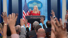 FILE - White House press secretary Karoline Leavitt speaks with reporters in the James Brady Press Briefing Room at the White House, July 23, 2026, in Washington.