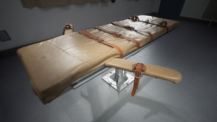 The lethal injection table is shown in the execution chamber at the Utah State Correctional Facility after the execution of Taberon Honie, Thursday, Aug. 8, 2024, in Salt Lake City. (AP Photo/Rick Bowmer, Pool)