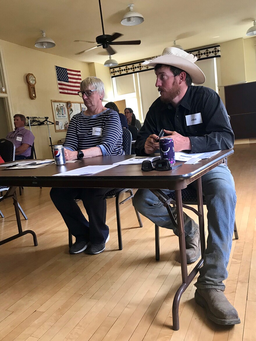 Stillwater County rancher Jake Miller and his mother, veterinarian Diana Scollard, attend a class on ultrasound technology in the Absarokee Cobblestone Community Center