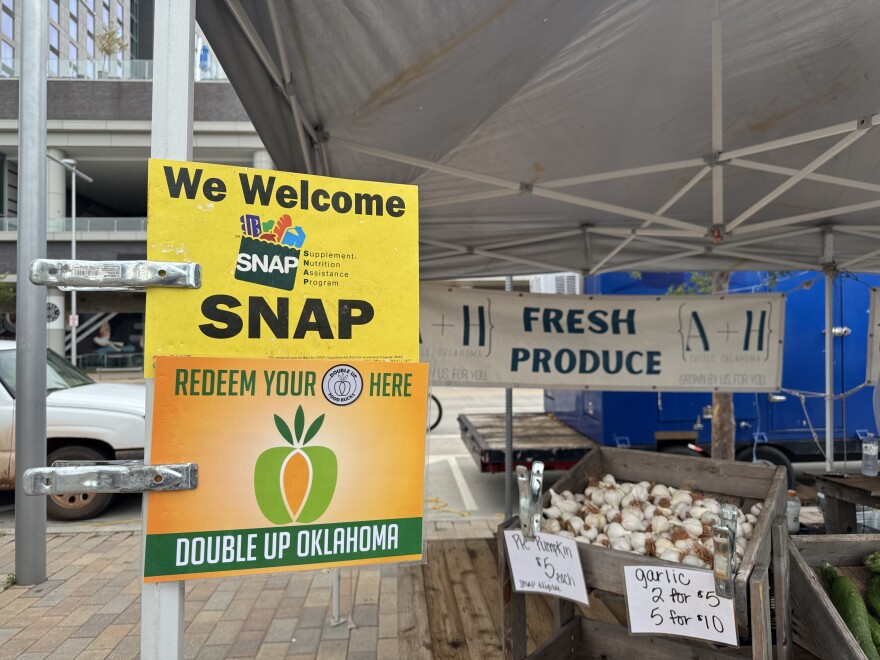 A Supplemental Nutrition Assistance Program, or SNAP, sign at the farmers market in Scissortail Park in Oklahoma City.