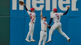 Cleveland Guardians left fielder Steven Kwan, left, center fielder Petey Halpin, center, and right fielder Jo Adell (7) celebrate after the Guardians defeated the Chicago White Sox in a baseball game in Cleveland, Wednesday, Sept. 16, 2026.  