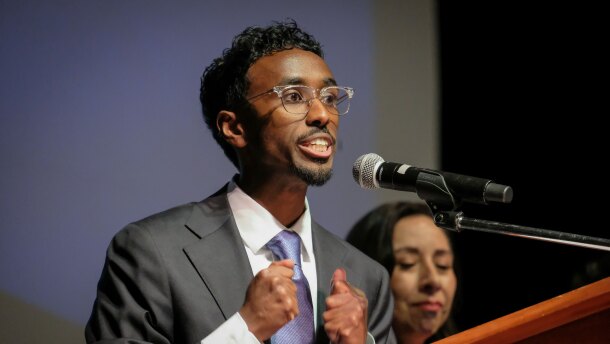 Liban Mohamed speaks to delegates during the Utah Democratic Convention at Jordan High School in Sandy, April 25, 2026, before going on to be the convention’s pick for the 1st Congressional District.
