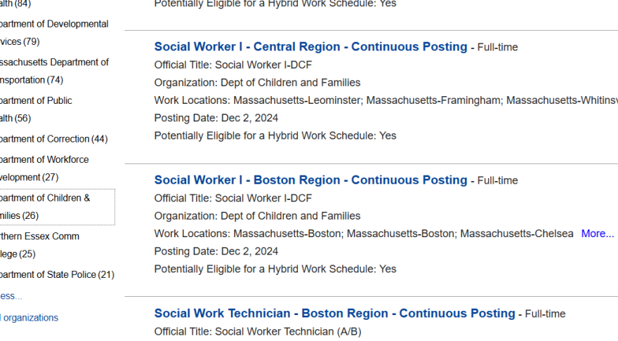 As of Dec. 5, 2024, the Massachusetts Department of Children and Families listed 26 job postings, many for social workers.